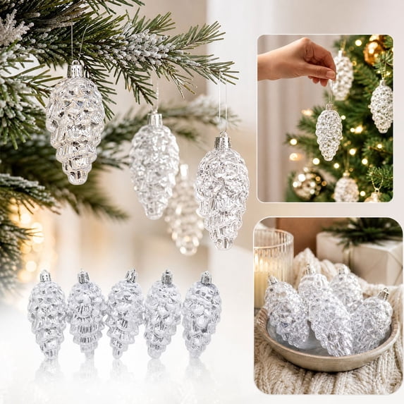 ZENVIVE Glittered Pinecone Christmas Ornaments, Set of 6 with Gold Caps and Hanging Loops, Festive Holiday Xmas Tree Party Home Indoor Display, Silver Glitter