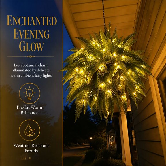 ZENVIVE Glowing Boston Ferns with Lights, 27" Pre-lit Boston Fern Hanging Plant with LED String Lights, 24 Leaves No Watering, No Fading, Resistant Faux Hanging Plants for Indoor Outdoor Home Decor