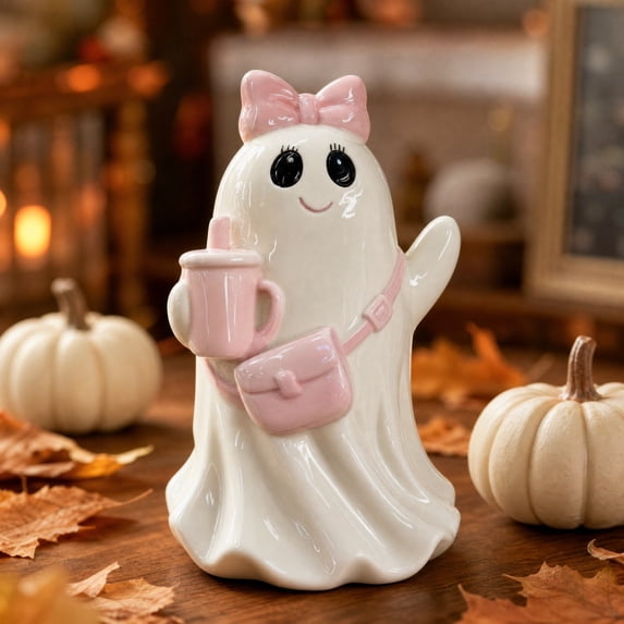 ZENVIVE Halloween Ghost Figurines Pink Cute Ghost Resin Sculpture with Bow Crossbody Bag Spooky Halloween Decor for Shelf, Mantels, Table Centerpieces Ornament