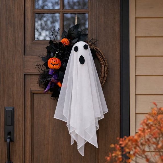 ZENVIVE Halloween Ghost Wreath, Rattan Pumpkin Black LeavesWreath with White Ghost, Halloween Spooky Home Decorations for Indoor Outdoor Home Porch Decor