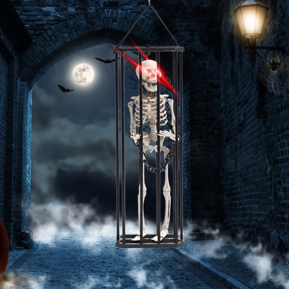 ZENVIVE Halloween Hanging Skeleton Cage Decoration, Motion Activated Scary Skull Screaming Prop with Light Up Red Eyes, Spooky Halloween Decoration for Indoor Outdoor Patio Porch & Party Supplies