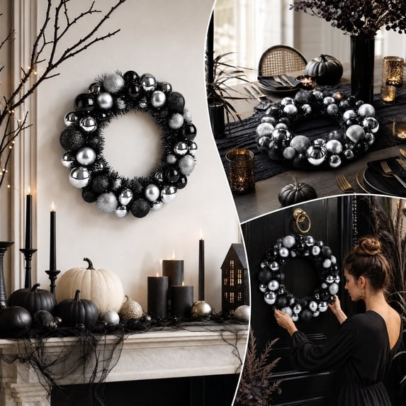 ZENVIVE Halloween Wreath for Front Door, 12.99" Halloween Black Silvery Ball Wreath, Halloween Spooky Ornament for Indoor Outdoor Wall Window Porch Party Decor
