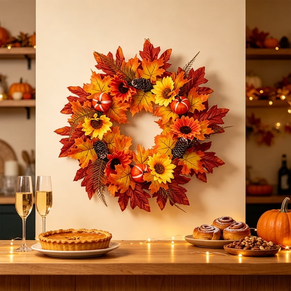 ZENVIVE Harvest Fall Wreath for Front Door, 21.2" Maple Leaf Pumpkin Rose Berry Wreath, Fall Thanksgiving Halloween Decorations for Porch Wall, Home Outdoor Holiday Decor