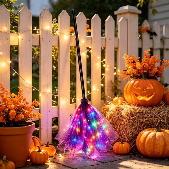 ZENVIVE LED Light Up Witch Broom Three Section Colorful Lights Pink 35.4 Inches Halloween Decoration