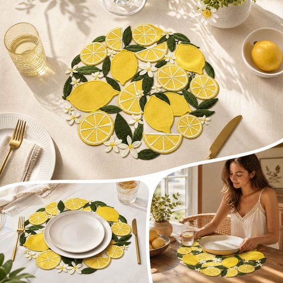 ZENVIVE Lemon Embroidered Placemat, 13.77" Breathable Heat-Insulated Round Mat, Table Centerpiece Decor for Home Dinning Kitchen Wedding Restaurant Buffet Party Decoration