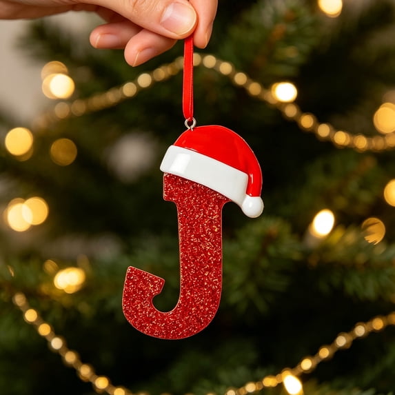 ZENVIVE Letter Christmas Ornaments, Cute J Letter Christmas Tree Decoration, Acrylic 2D Flat Xmas Tree Hanging Pendant with Christmas Hat Design for Holiday Decor, J