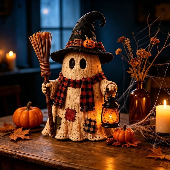 ZENVIVE Light Up Ghost Figurine, 5.9" Resin Halloween Skeleton Decoration with Warm LED Lantern, Cute Spooky Statue for Indoor Tabletop, Mantel, Shelf, Desk and Party Decor(Button Battery)