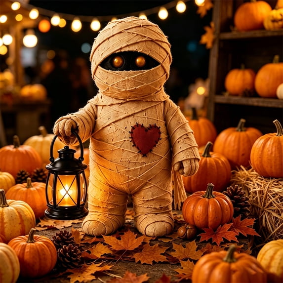 ZENVIVE Light Up Mummy Figurine, 5.9" Resin Halloween Mummy Decoration with Warm LED Lantern, Cute Spooky Statue for Indoor Tabletop, Mantel, Shelf, Desk and Party Decor(Button Battery)