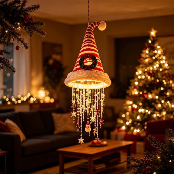ZENVIVE Lighted Santa Hat Hanging Chandelier, Plush Red Hat with Glowing Tassels and Mini Decorations, Christmas Hat Decor with Warm LED Lights for Front Entryway, Yard and Seasonal Party Decoration