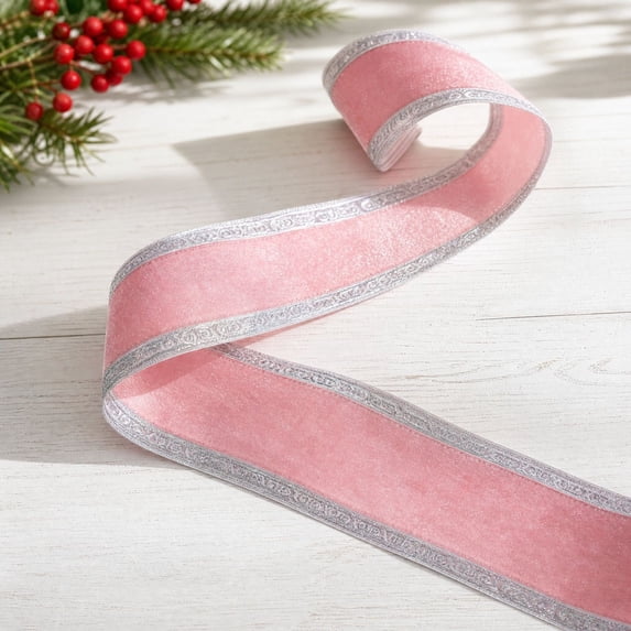 ZENVIVE Pink Velvet Christmas Wired Ribbon, 3.9 Inch × 5.4 Yard Embossed Border Fabric Ribbon, Xmas Winter Holiday Ribbon Bows Accessories for Crafting Gift Wrapping Decorations