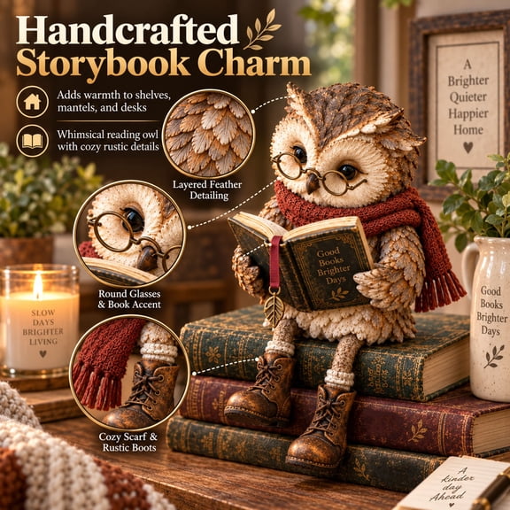 ZENVIVE Reading Owl Figurine, intage Owl Shelf Sitter with Book Round Glasses, Dangling Legs & Boots, Farmhouse Tabletop Decor for Bookshelf Mantel Home Office & Reader Gifts