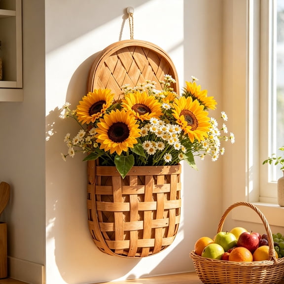 ZENVIVE Rustic Woven Wall Basket, 12 Inch Handwoven Bamboo Craft, Decorative Hanging Storage for Entryway Living Room Bedroom, Arched Sunflower Basket