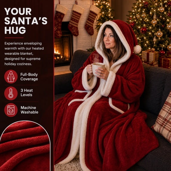 ZENVIVE Santa Wearable Heated Blanket, Heated Shawl Soft Flannel Warming Throw Blanket, 6 Heating Settings, Built in 2 Hour Automatic Shut Off Function, Washable Christmas Gift for Men Women Adults