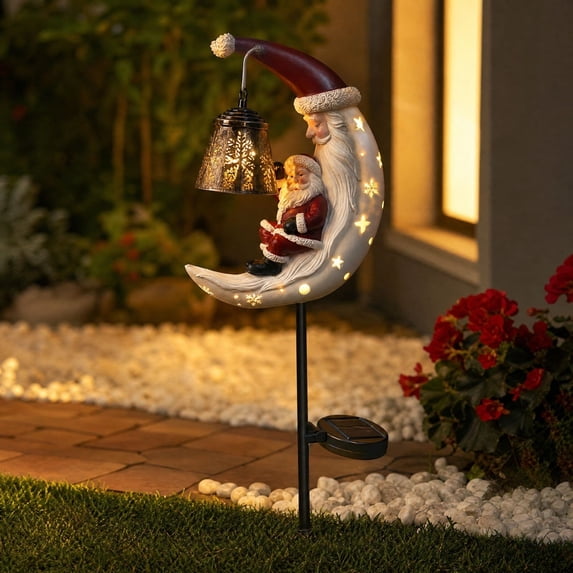 ZENVIVE Solar Christmas Santa Garden Stake Light, Resin Xmas Santa LED Ground Lamp with Moon and Lantern Design, Outdoor Waterproof Decorative Lamp for Patio Yard Garden Porch Pathway