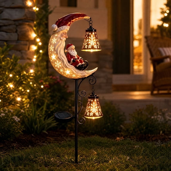 ZENVIVE Solar Christmas Santa Garden Stake Light, Resin Xmas Santa LED Ground Lamp with Moon and Lantern Design, Outdoor Waterproof Decorative Lamp for Patio Yard Garden Porch Pathway, 7.8×31.4In