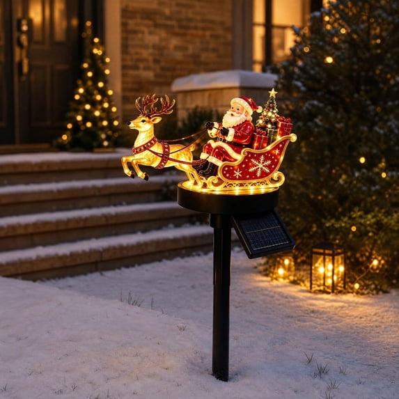 ZENVIVE Solar Christmas Santa Garden Stake Light, Resin Xmas Santa Reindeer Sleigh LED Ground Lamp, Outdoor Waterproof Decorative Lamp for Patio Yard Garden Porch Pathway