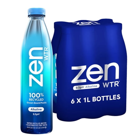 ZenWTR Alkaline Water, Vapor Distilled 9.5pH, 1 Liter, 6 Pack, Recycled Plastic Bottles