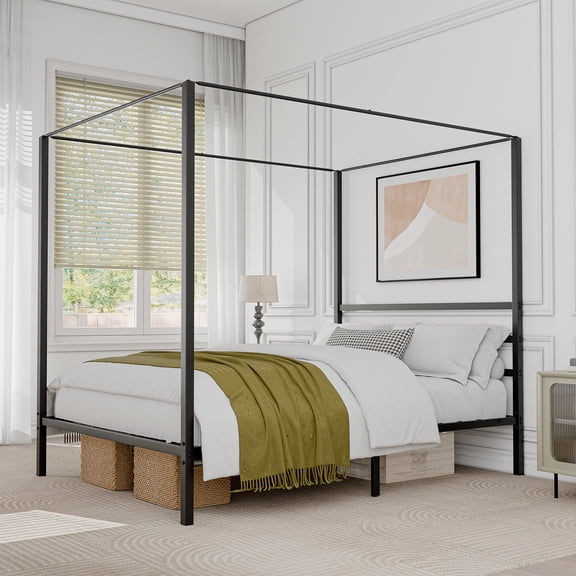 ZENY 14 Inch Platform Built-in Headboard Sturdy Metal Frame Canopy Bed Frame with Four Posters, Black Queen Size