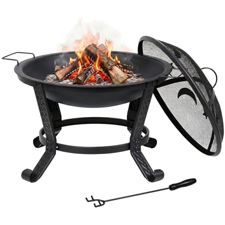 ZENY 22" Outdoor Wood Burning Fire Pit with Dual Handles, Metal Firebowl with Mesh Lid and Log Poker for Patio Camping, Black