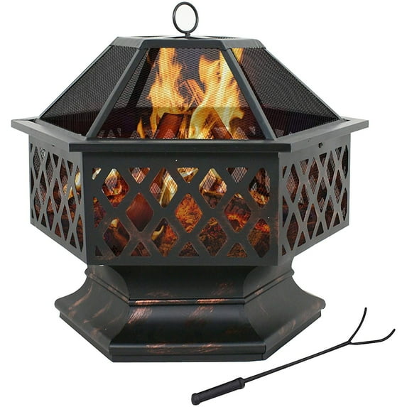 ZENY 24" Hexagon Wood Bronze Finish Steel Fire Pit