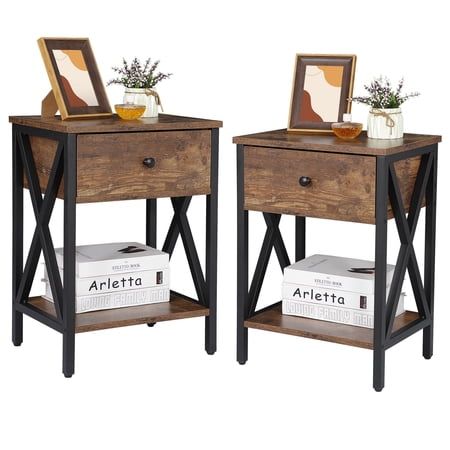 ZENY Set of 2 End Table with Drawer, X-Design Metal Frame Side Table for Bedroom Living Room, Rustic Brown
