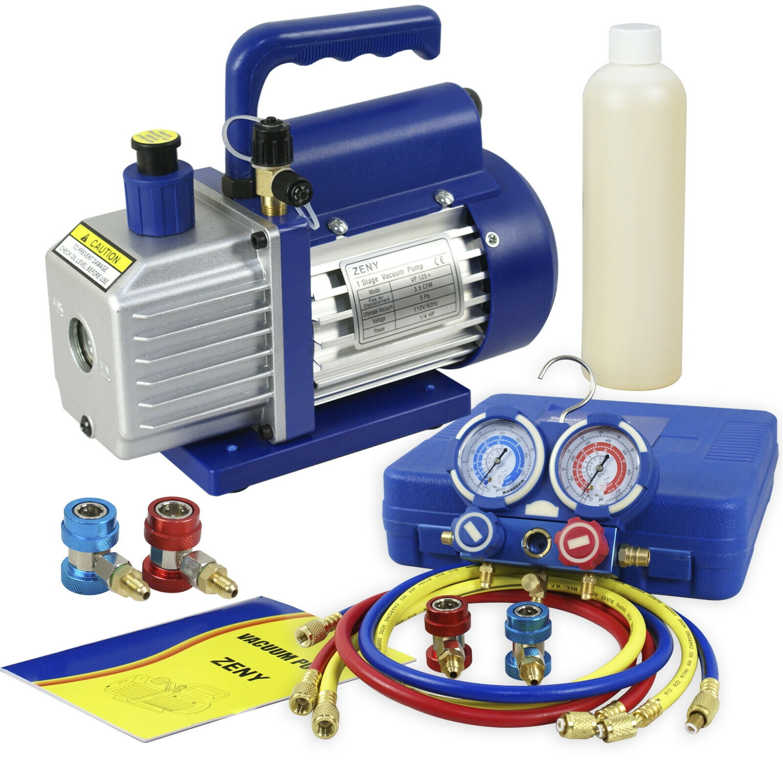 ZENY 3.5CFM Single-Stage Vane Vacuum Pump for HVAC & Auto AC Recharging with R134a Manifold