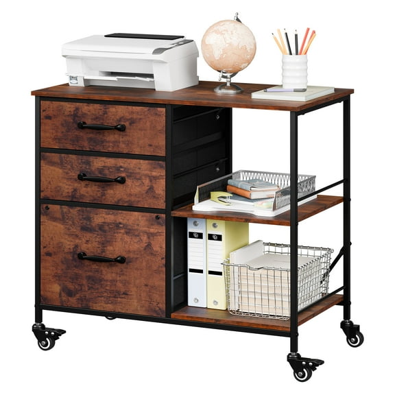 ZENY 3 Drawer Mobile File Cabinet, Rolling Printer Stand with Open Storage Shelf for Home Office, Rustic Brown