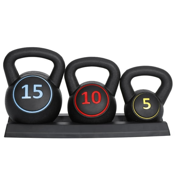 ZENY 3-Piece Kettlebell Exercise Fitness Weight Set with Storage Rack, 5 10 15lbs