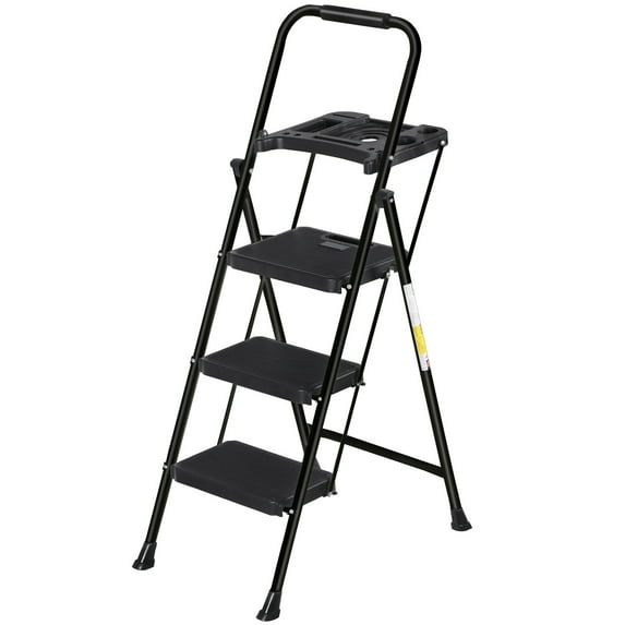 ZENY 3 Step Ladder Folding Step Stool with Tool Tray Wide Non-Slip Pedal, Black