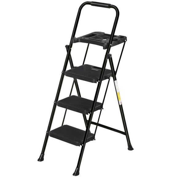 ZENY 3 Step Ladder Folding Step Stool with Tool Tray Wide Non-Slip Pedal, Black