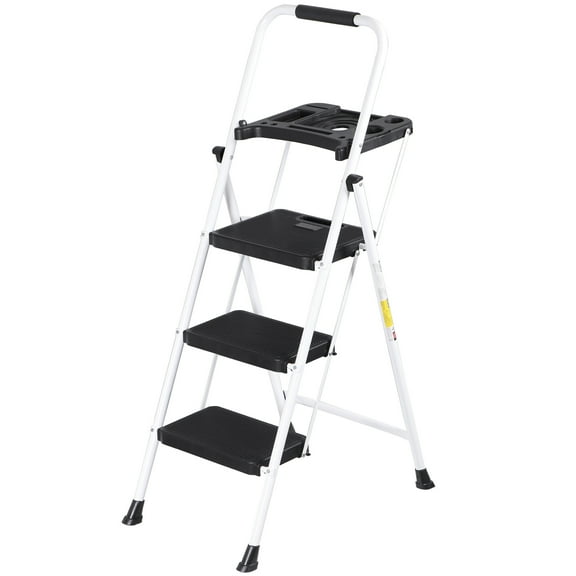 ZENY 3 Step Ladder Folding Step Stool with Tool Tray Wide Non-Slip Pedal, White