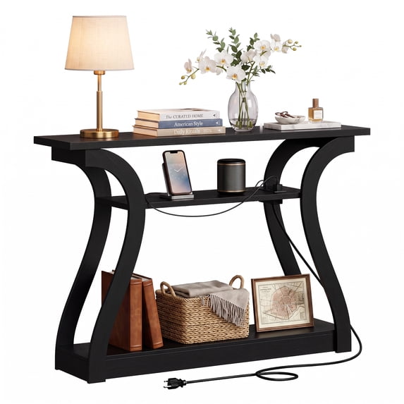 ZENY 3-Tier Console Table with Charging Station Black Sofa Side Table