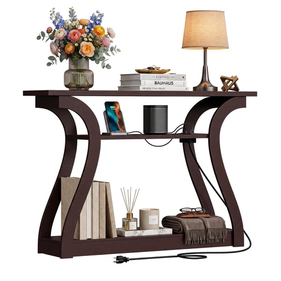 ZENY 3-Tier Console Table with Charging Station Brown Sofa Side Table