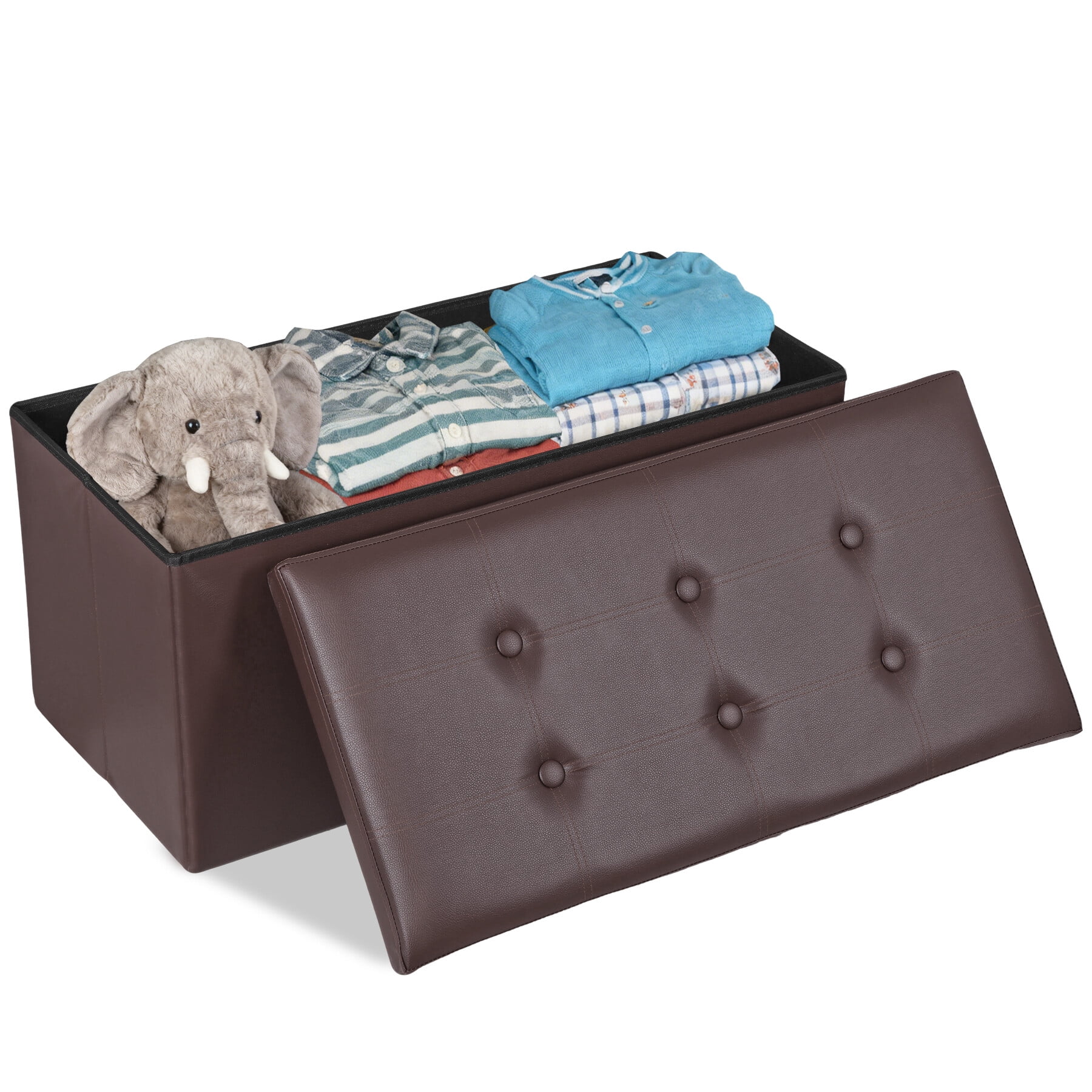 ZENY 30" Folding Storage Ottoman Bench Entryway MDF PVC Faux Leather Finish, Brown