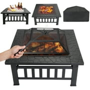 ZENY 32 Inch Outdoor Fire Pit Table, Square Metal Wood Burning Stove for Backyard Patio Garden with Waterproof Rain Cover, Spark Screen & Poke