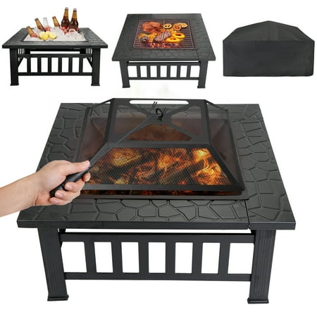ZENY 32 Inch Outdoor Fire Pit Table, Square Metal Wood Burning Stove for Backyard Patio Garden with Waterproof Rain Cover, Spark Screen & Poke
