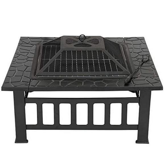 ZENY 32" Outdoor Fire Pit Square Table Metal Firepit Table Backyard Patio Garden Stove Wood Burning Fireplace w/ Waterproof Cover, Spark Screen and Poker