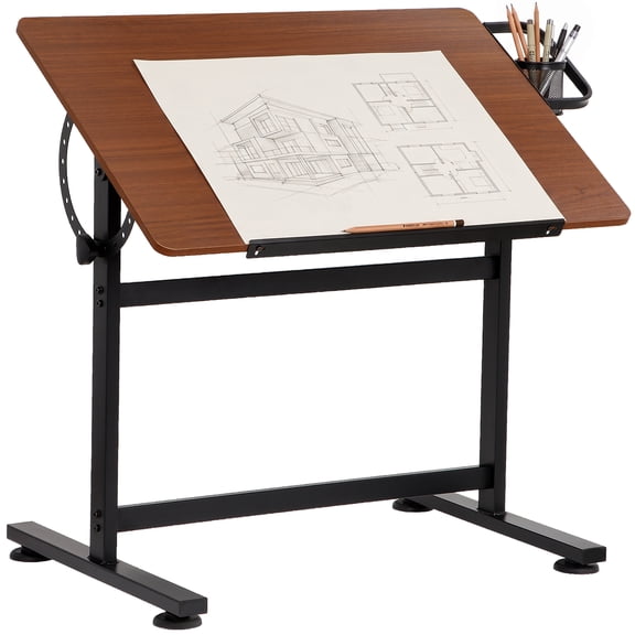 ZENY 35.4" Drafting Table with 0-90° Tilting Desktop, Pencil Cup & Paper Ledge Metal Frame Art Desk with Leveling Feet for Drawing Painting, Walnut