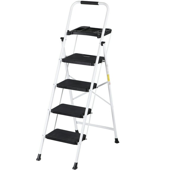 ZENY 4 Step Ladder Folding Step Stool with Tool Tray Wide Non-Slip Pedal, White