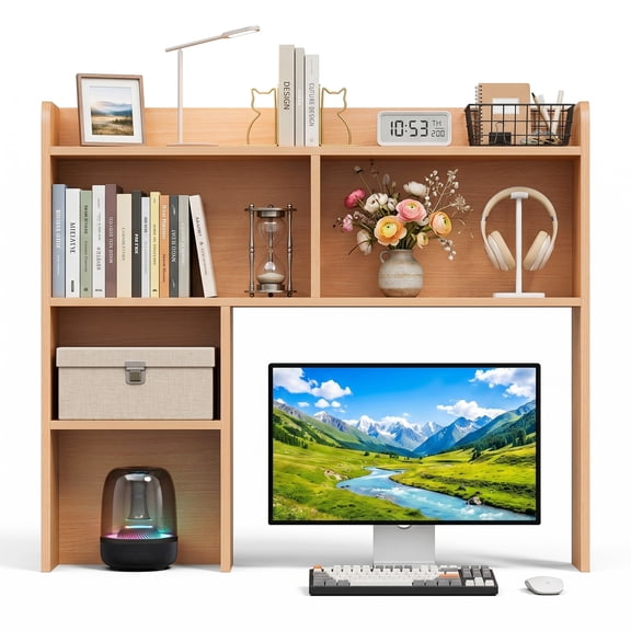 ZENY 4-Tier Desktop Bookshelf Storage Tabletop Display Hutch with 4 Cubbies Wood Frame Freestanding Desk Organizer, Natural