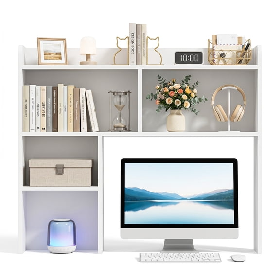 ZENY 4-Tier Desktop Bookshelf Storage Tabletop Display Hutch with 4 Cubbies Wood Frame Freestanding Desk Organizer, White
