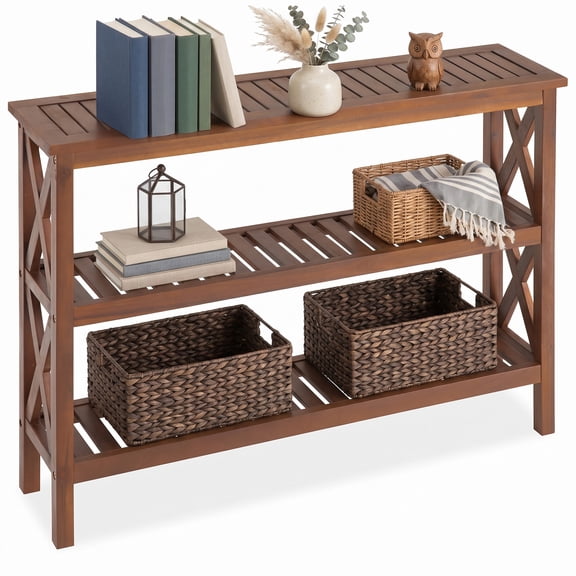 ZENY 40-Inch Solid Wood Outdoor Console Table, 3-Tier Acacia Wood Sofa Table with Storage Shelves for Patio, Porch and Entryway, Brown