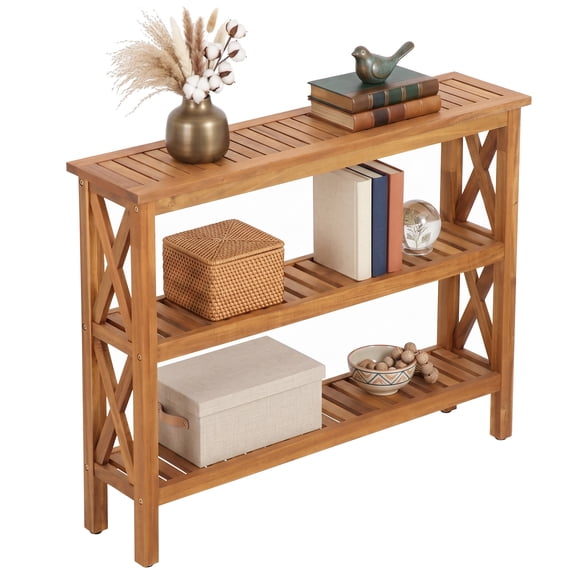 ZENY 40-Inch Solid Wood Outdoor Console Table, 3-Tier Acacia Wood Sofa Table with Storage Shelves for Patio, Porch and Entryway, Natrual