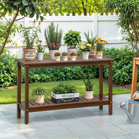 ZENY 48 Inch Solid Acacia Wood Console Table, 2-Tier Heavy Duty Outdoor Entryway Accent Sofa Table for Patio, Living Room, Brown