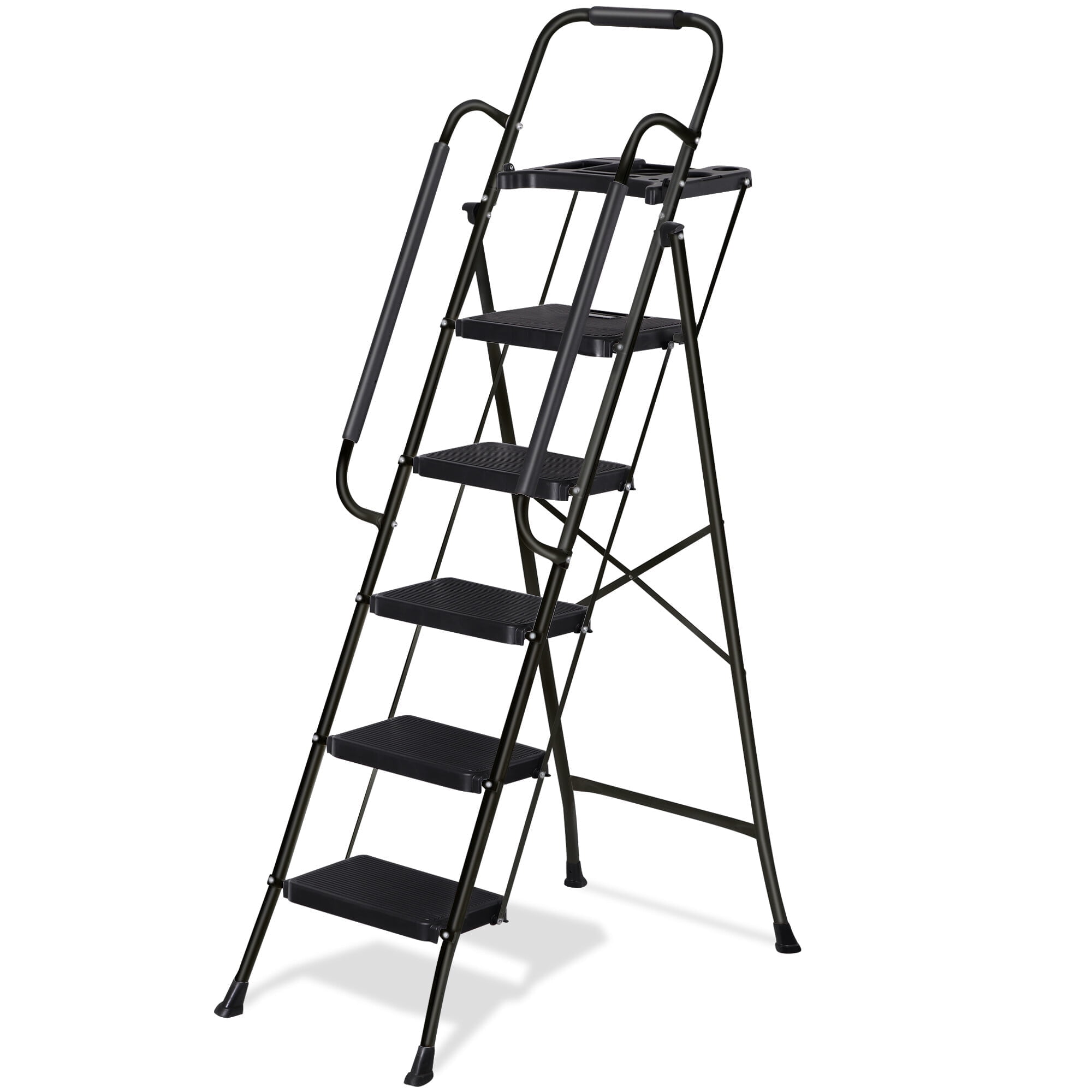 ZENY Folding Metal Step Stool, 5-Step Ladder with Tool Tray, Stable ...