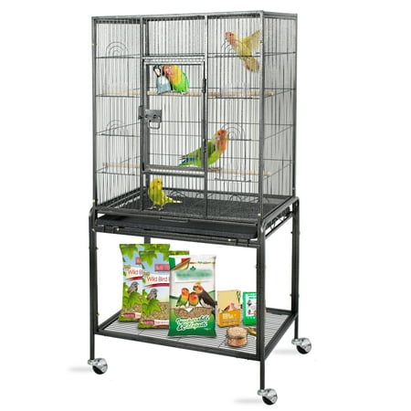 ZENY 53" Rolling Bird Cage Large Wrought Iron Cage Lovebird House with Rolling Stand, Black