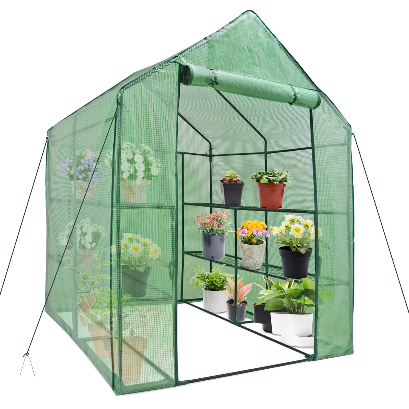 ZENY Walk In Greenhouse 3 Tier 8 Wired Shelves Portable PE Mesh Plant House 57x57x77 Green