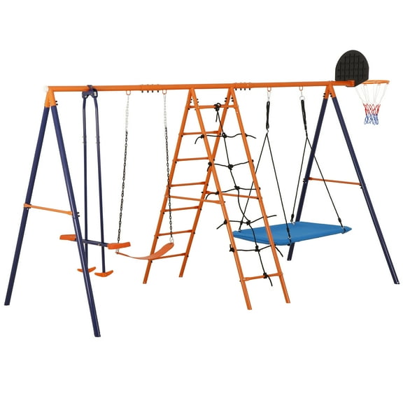 ZENY 6 in 1 Swing Sets,Heavy-Duty Metal Swing Sets for Backyard with Seesaw, Climbing Ladder and Basketball Hoop