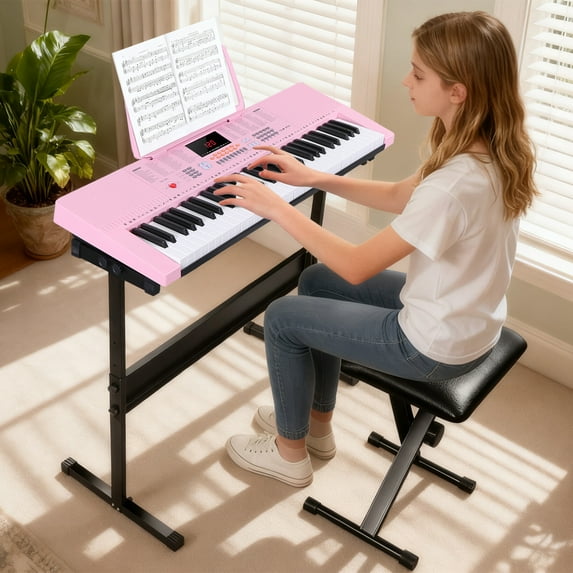 ZENY 61-Key Portable Electronic Piano LED Display Keyboard Kit W/ Music Stand, Headphones, Microphone, Pink