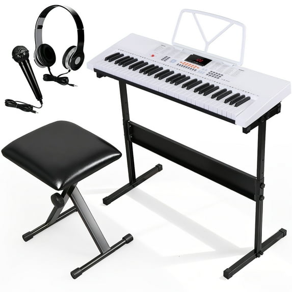 ZENY 61-Key Portable Electronic Piano LED Display Keyboard Kit W/ Music Stand, Headphones, Microphone, White